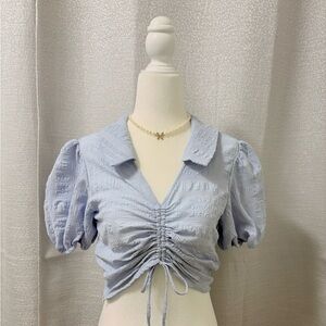 b+ab Blue Textured Ruched Front Puff Sleeve Crop Top Women’s XS Cottagecore